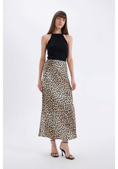 Defacto Straight Fit Normal Bel Leopar Desenli Saten Maxi Etek D6886axnser103 Ekru