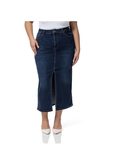 Disentis Büyük Beden Önden Yırtmaç Detaylı Beş Cepli Midi Denim Lacivert Etek-lacivert Lacivert