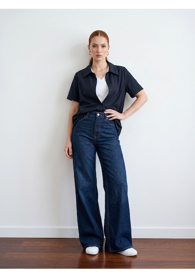 Pera Moda Poplin Kumaş Kısa Kollu Gizli Düğmeli Gömlek Lacivert