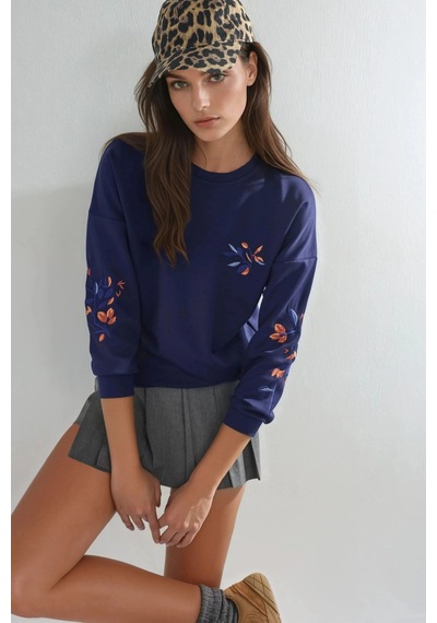 Fiolin Modal Dokulu İşlemeli Bisiklet Yaka Sweatshirt Lacivert