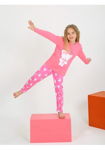 Kız Çocuk Uzun Kollu Fiyonklu Ayıcık Model Pijama Takımı Fuşya