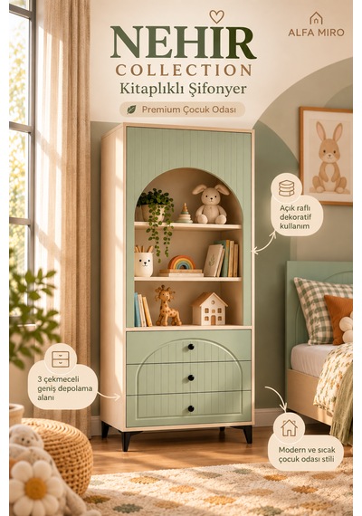 Alfa Miro Nehir Çocuk Odası - Bebek Odası - Genç Odası - Kum Beji Su Yeşili - 70x195 Kitaplıklı Şifonyer