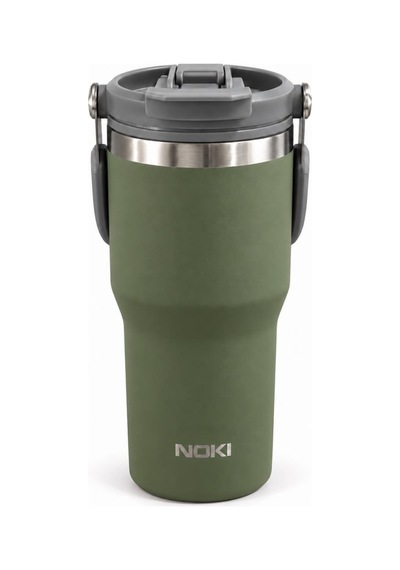 Noki T-0138 600 Ml Paslanmaz Çelik Tumbler Termos Bardak, Pipetli Ve Düz İçim, Sızdırmaz Kapak Haki
