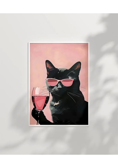 Çerçevesiz Poster Pembe Kadeh Siyah Kedi