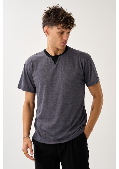 Bisiklet Yaka Çizgili Erkek T-shirt Lacivert Melanj
