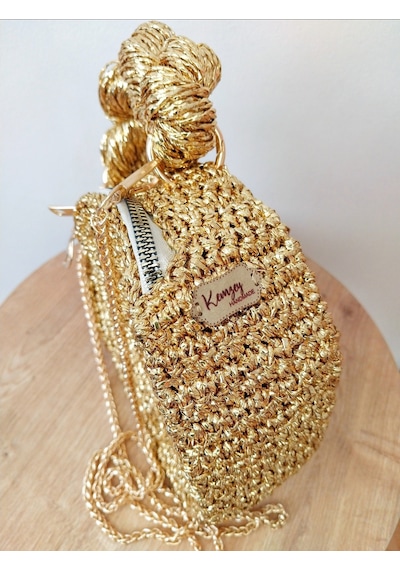 Kemzey Handmade Gold Kalp Çanta , Altın Sarı Parlak Kalp Çantası Altın