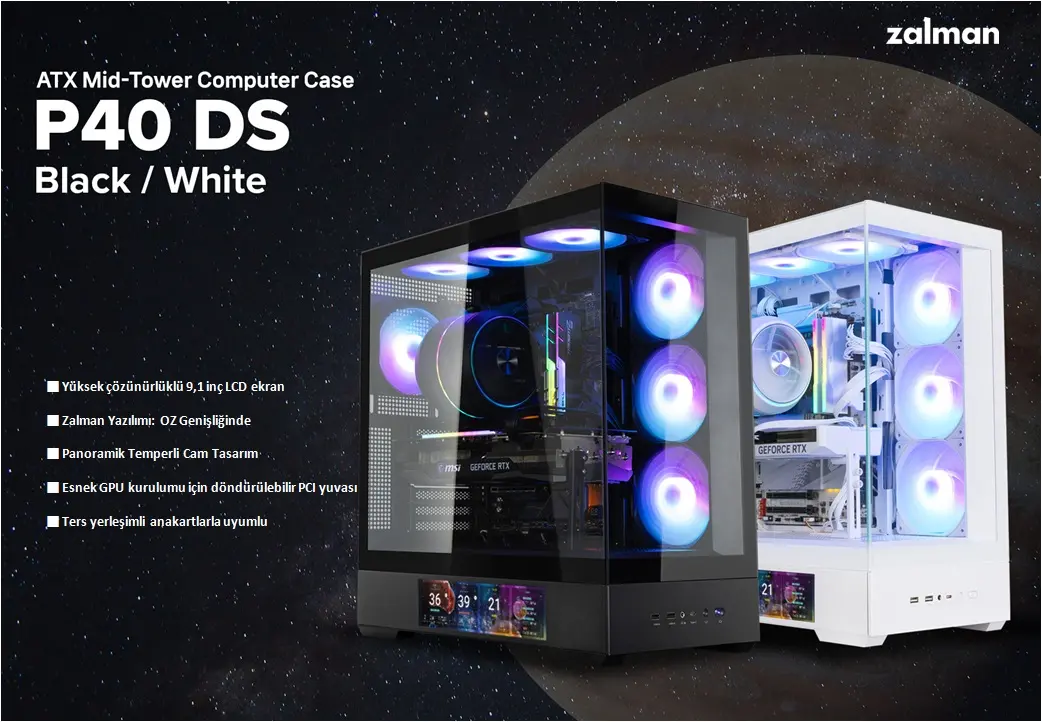 Zalman P40 Ds 4 Argb Fan Mid Tower 9.1 Lcd Ekranlı Gaming Oyuncu Bilgisayar Kasası Zalman P40 Ds 4 Argb Fan Mid Tower 9.1 Lcd Ekranlı Gaming Oyuncu Bilgisayar Kasası