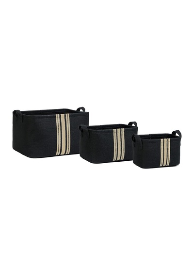 Ocean Home Textile 3'lü Çizgili Siyah Renk Jüt Sepet Set 24 X 17 X 14/30 X 21 X 18/42 X 31 X 25 Cm