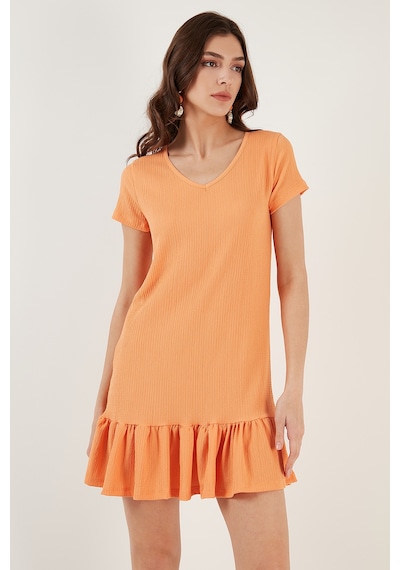 Lela Regular Fit Fırfırlı V Yaka Bürümcük Mini Bayan Elbise 5865071 Açık Oranj