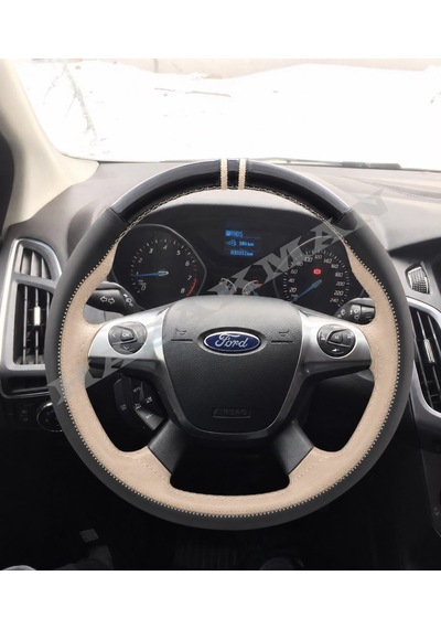 Ford Connect Dikme Direksiyon Kılıfı Parlak Siyah Bej Detaylı Bej Çift Yüzük Ve Dikiş 2014-2022
