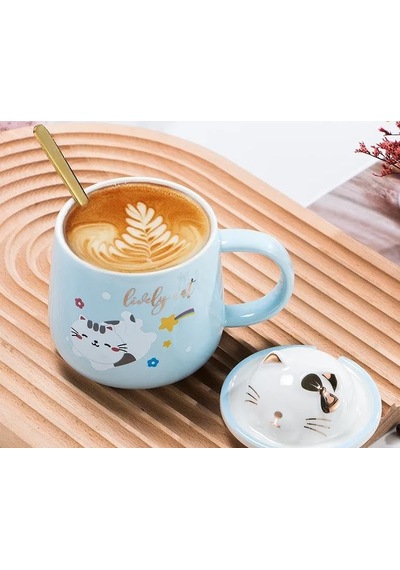 Sevimli Kawai Kedi Kapaklı Kaşıklı 3d Kupa Bardak Mavi, Mavi, 3d Sevimli Kedi Figürlü Diğer