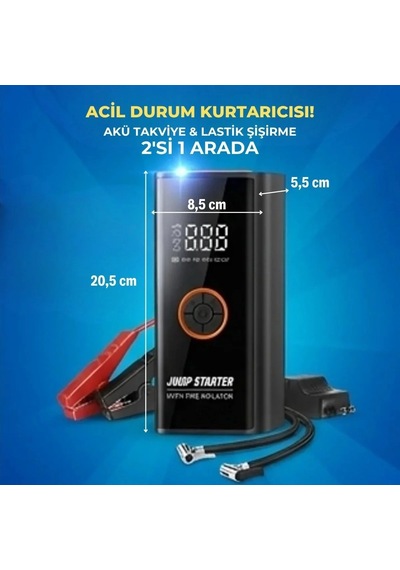 Ergonomik Taşınabilir Akü Takviye Ve Lastik Şişirme Kompresörü 16000 M Ah