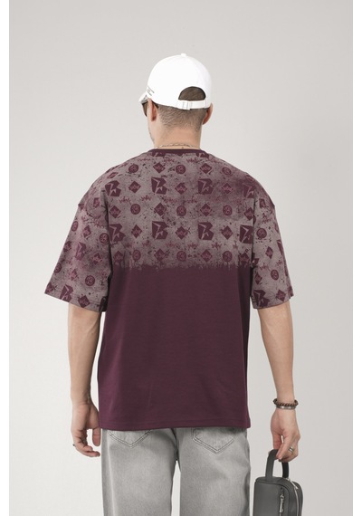 King-Brich Oversize Kalıp Logo Baskılı Bisiklet Yaka Basic Tişört Bordo