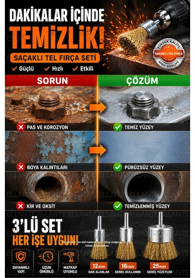 Tel Fırça Seti 3'lü Matkap Uyumlu Tel Fırça Aparatı 12mm 16mm 25mm Pas Boya Oksit Kaynak Temizleme F