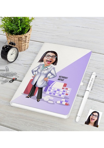 Kişiye Özel Bayan Eczacı Karikatürlü Beyaz Defter Kalem Seti-3