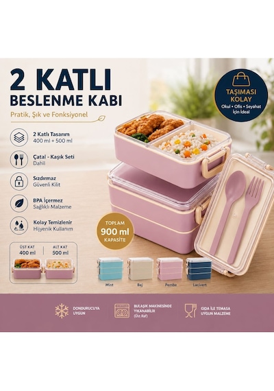 Leon Life 2 Katlı Fely Beslenme Kabı 400 Ml + 500 Ml Beslenme Kutusu pembe