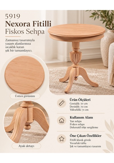 Mmb-trade Nexora Living 5919 Fitilli Fiskos Sehpa Yuvarlak Ahşap Görünümlü Dekoratif Yan Sehpa, Klasik Salon Sehpası 70x70x71 Cm Mmbz Çok Renkli