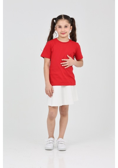 Erdem Kıds Kız Çocuk Kırmızı Düz Baskısız Kısa Kol Basic Casual-okul T-shirt Kırmızı Kırmızı