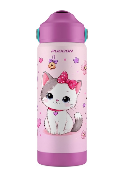 Puccon 540 Ml Sevimli Kedi Baskılı Mor - Beyaz Kız Çocuk Pipetli Çelik Termos Matara/suluk - 60044