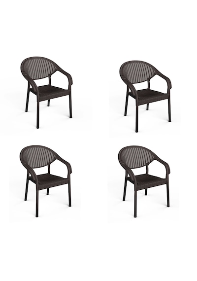 4 Adet Bambu Plastik Rattan Bahçe Balkon Teras Sandalyesi Gizli Metal Profil Ayaklı Kollu Sandalye Koyu Kahverengi