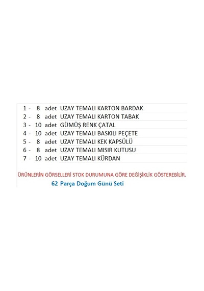 Uzay Temalı Tabak, Bardak, Çatal, Peçete, Kek Kapsülü, Mısır K, Kürdan Seti