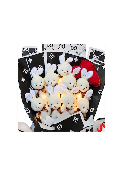 9 Beyaz Pelüş Tavşanlı Led Işıklı Siyah Buket, 65cm x 45cm