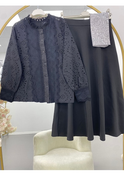 Lovie Moda Kadın Keten Gömlek Siyah Etek Takım - Siyah Bej