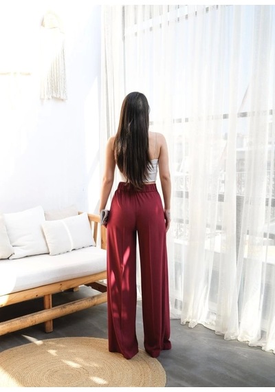 Defymoda Keten Önü Çapraz Parçali Lasti Kli Ve Bağcikli Geni Ş Paça Pantolon Bordo