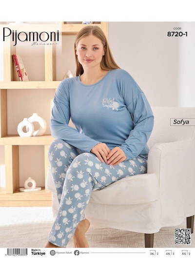 Pijamoni Büyük Beden Pijama Takımı Mavi