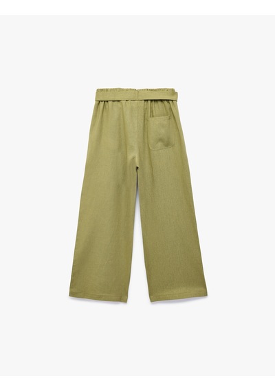 Koton Beli Bağlamalı Keten Ve Viskon Karışımlı Geniş Paça Pantolon Yeşil 6skg40093aw