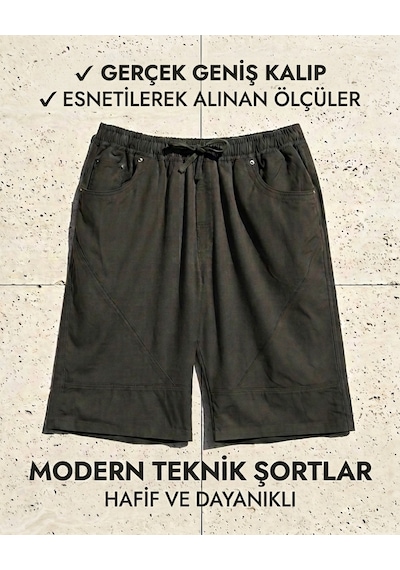 Miele Büyük Beden Beli Lastikli Bağcıklı Ön Arka Cepli Erkek Şort Haki