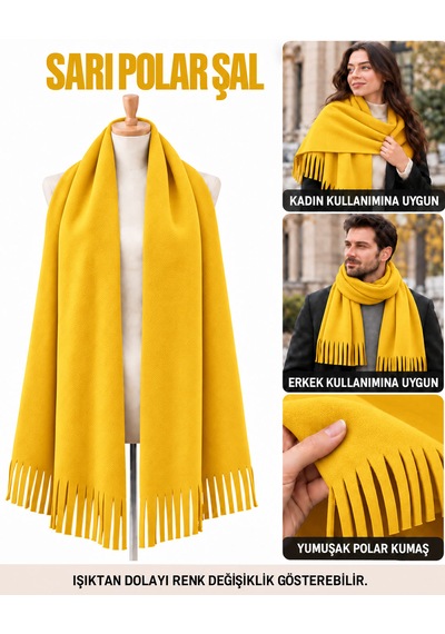 Bigohobi Unisex Polar Şal, Kadın Ve Erkek Kışlık Püsküllü Yumuşak Polar Kumaş Şal Sarı