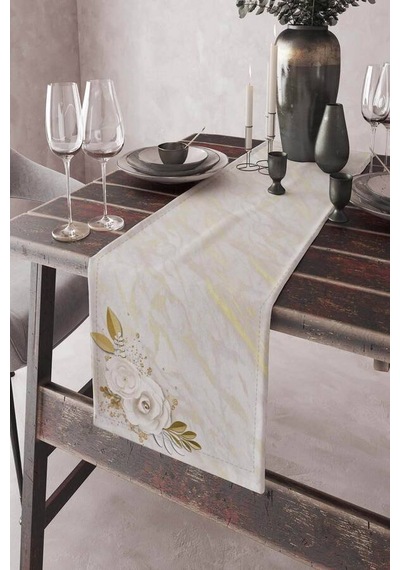 Krem Çiçekli Desen Premium Masa Örtüsü Runner Rnr437n11