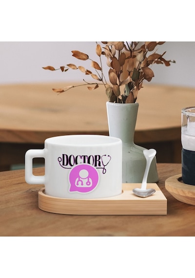 Bk Gift Kişiye Özel İsimli Doktor Tasarımlı-4, Ahşap Altlıklı Seramik Fincan, Meslek Hediyesi, Yeni İş Hediyesi Kobitmeyen137933 Bk Gift