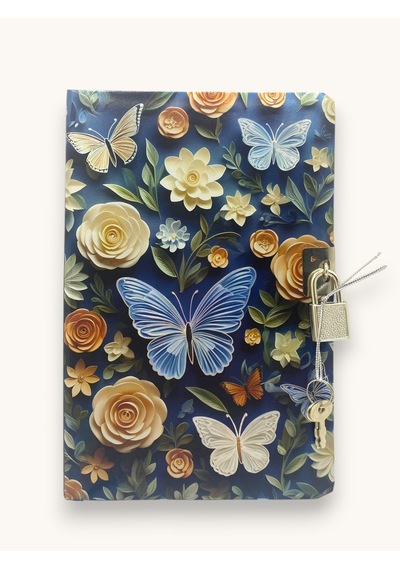 Lacivert Kelebek 3d Görünümlü Hatıra Defteri Günlük Kilitli Defter 80 Yaprak