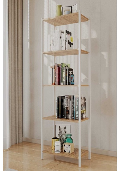 Bes Rafli Çok Amaçli Kitaplik Beyaz Profil Çam Sunta 60x150x26 Cm Mtl035 Beyaz-çam