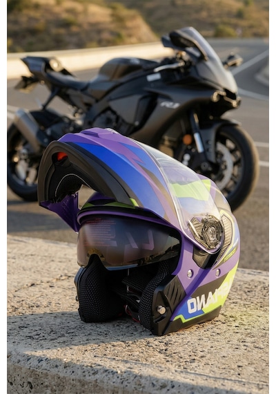 Vento Premium Çene Açılır Kask Güneş Vizörlü Mavi Yeşil Ece 22.06 Sertifikalı Yeşil Yeşil