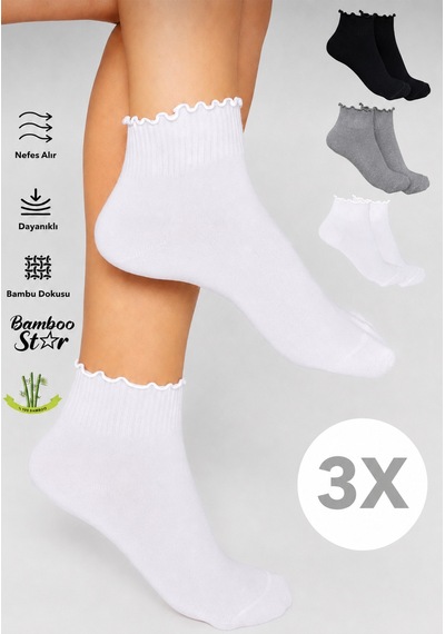 Bamboo Star Bambu Kadın Fırfırlı Patik Lastiksiz Dikişsiz Beyaz Çorap 3lü Asorti Paket Beyaz - Gri - Siyah