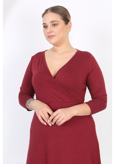 Mooi Xxl Kadın Bordo Uzun Kol Kruvaze Yaka Büyük Beden Maxi Elbise Bordo