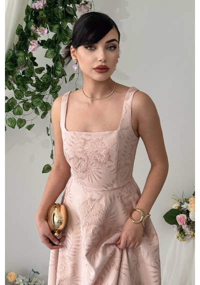 Nils Butik Askılı Kare Yaka Jakar Desenli Seraphine Midi Elbise Açık Pembe