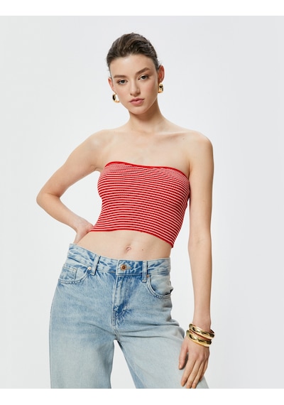 Koton Straplez Kroşe Crop Üst Kırmızı Çizgili 4sak30141ht Kırmızı Çizgili