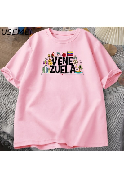 Flood Of Style Venezuela Hasta Tshirt Kadın Erkek Venezüella Con T-shirt Pamuk Kısa Kollu Baskılı Tshirt Uni Pembe