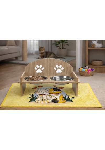 Gobypet Ahşap Kedi Mama Ve Su Kabı İle Paspası, Çift Hazneli Metal Mama Ve Su Kabı, Çift Hazneli Köpek Mama Kabı