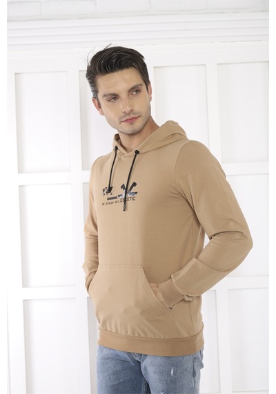 Escetic Spor Erkek Koyu Vizon Cepli, Kapüşonlu Sweatshirt-4177