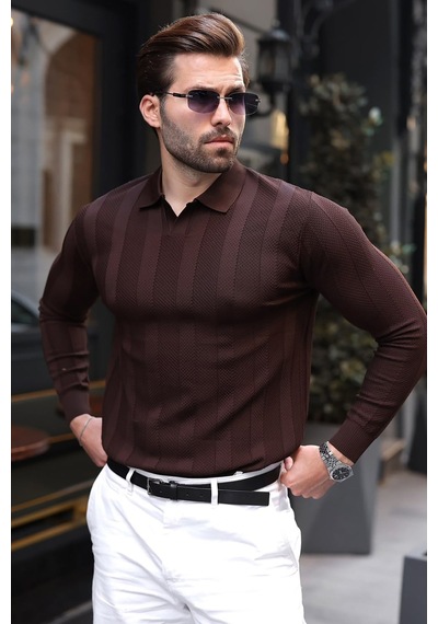 Madmext Kahverengi Regular Fit Polo Yaka Triko Erkek Kazak E7509