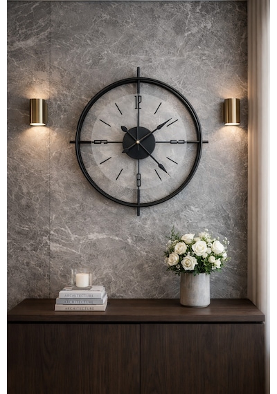 MetaQuartz Aksesuar Deluxe Şeffaf Cam İskandinav Çiftçember Camlı Duvar Saati Siyah 55 x 55 CM