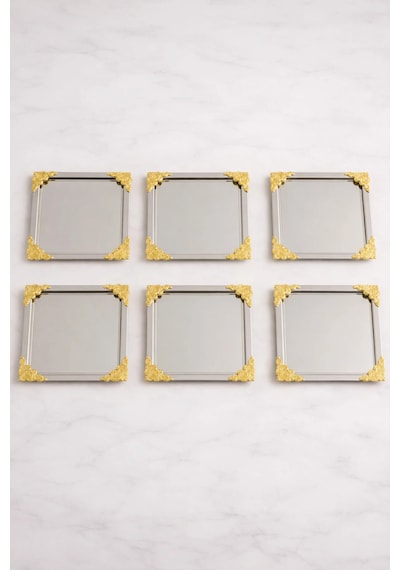 6 Lı Metal Kare Gül Model Sunum Servis Tepsisi Tepsi 22cm Altın - Beyaz