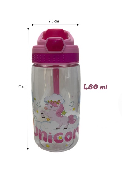 480 Ml Baskılı Çocuk Matarası Kilitli Kapak Ve Taşıma Kulpu Pembe