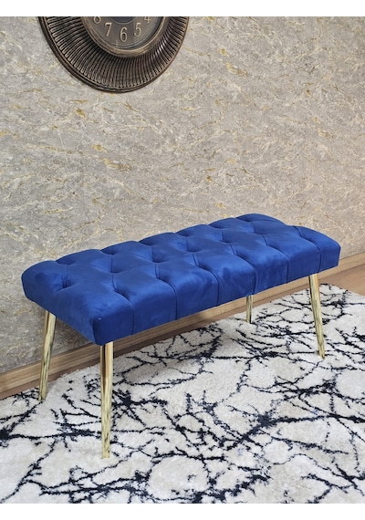 Zafir Gold Kaplama Sivriltme Ayaklı 90 Cm Puf Bench - Puf - Bench - Kasalı Oturak - Oturak - Yatak Ucu Puf Mavi