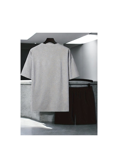 Uyguntarz Unisex Papatya Kelebek Tasarım Basklı Tshirt Şort Takımı Gri